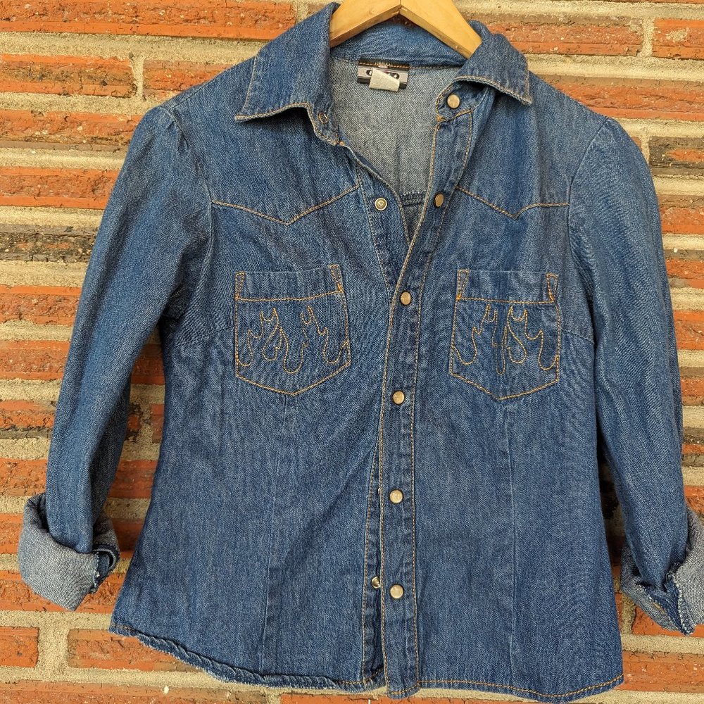 Vintage VIBE jean shirt with orange-stitched flame detailing